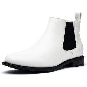Anjoufemme Size 9 Chelsea Ankle Boots Classic White Synthetic Leather Flat Heel